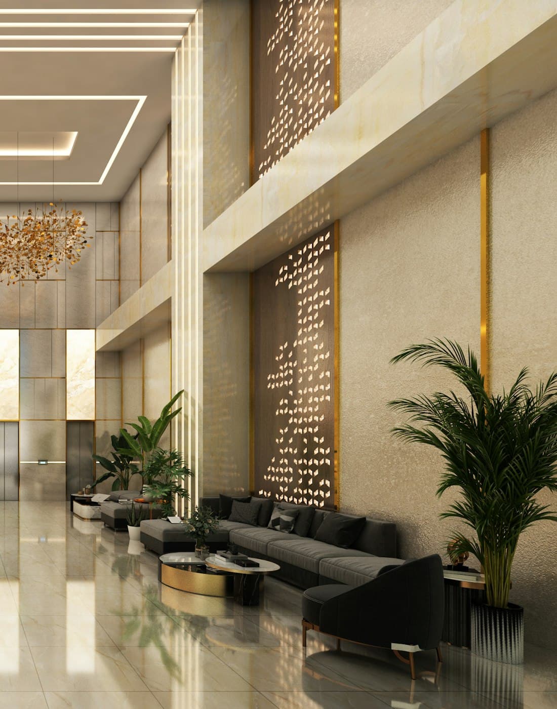 A marble reception desk in a lit residential lobby