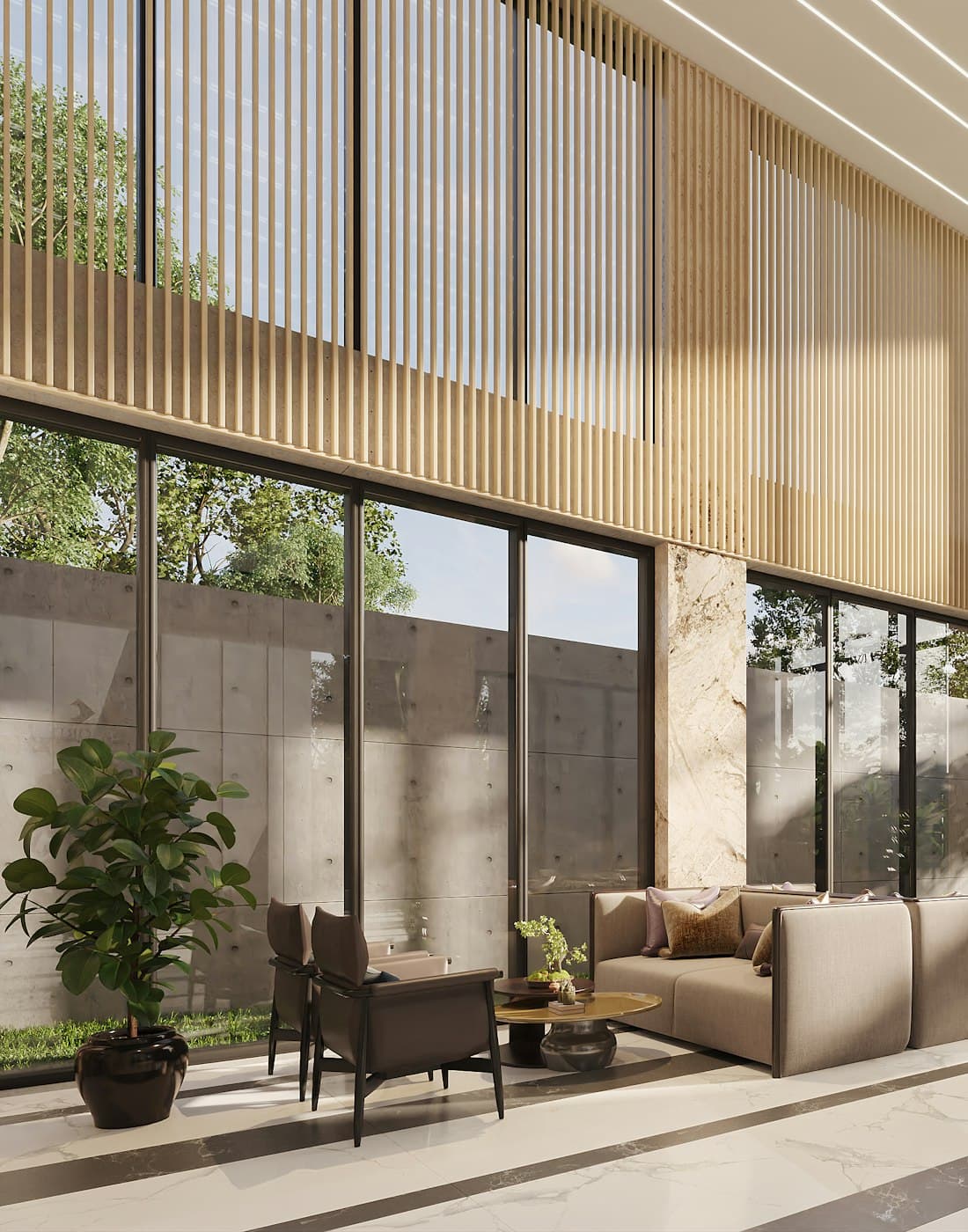 A double-height residential lounge opening onto a courtyard