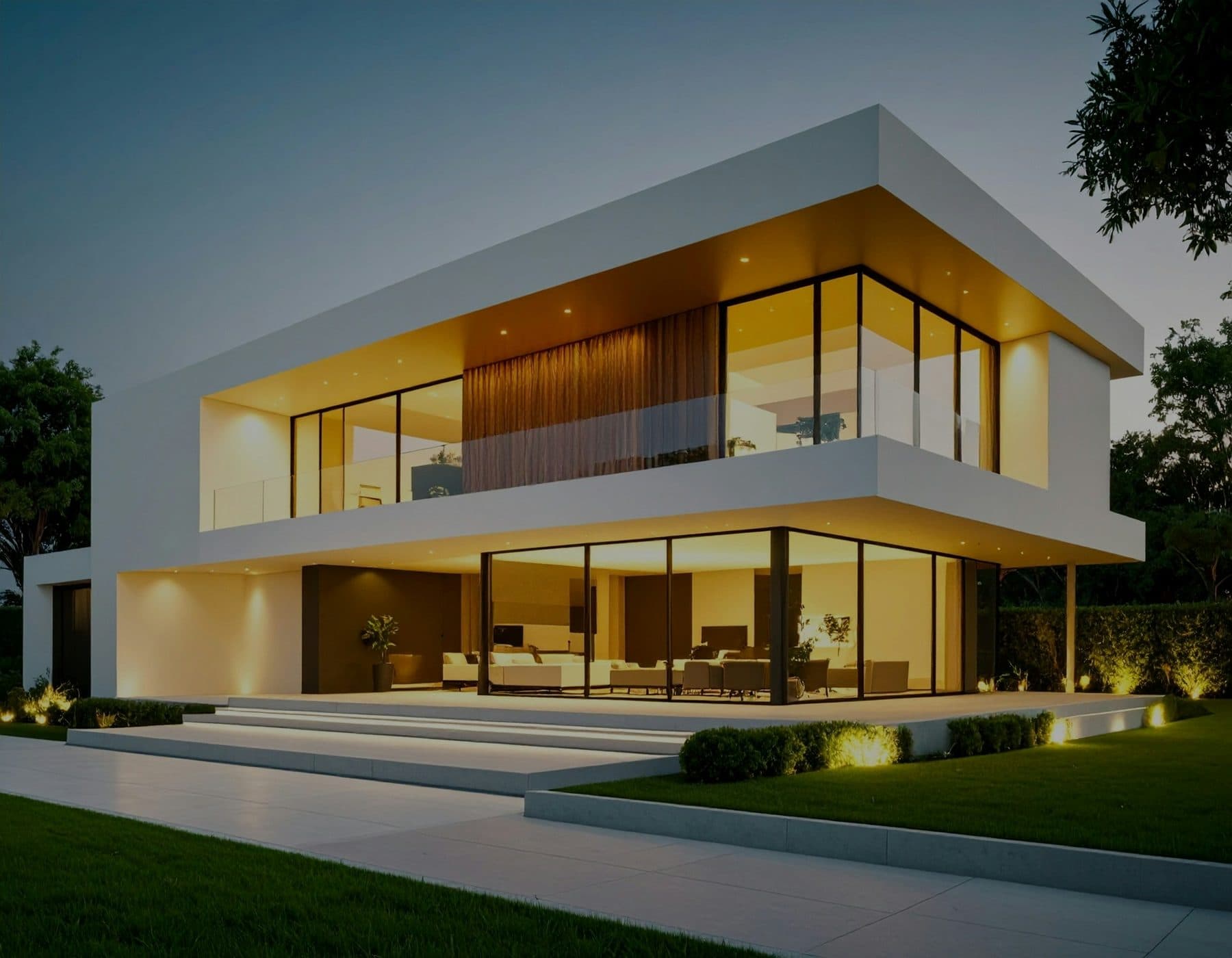 A modern villa lit at dusk
